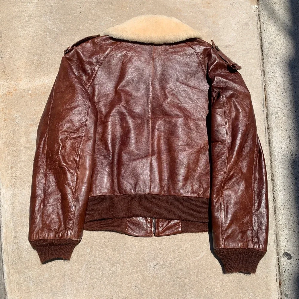 Vintage 1970s Silton brown leather flight jacket w/ sherpa collar - size 42 mens